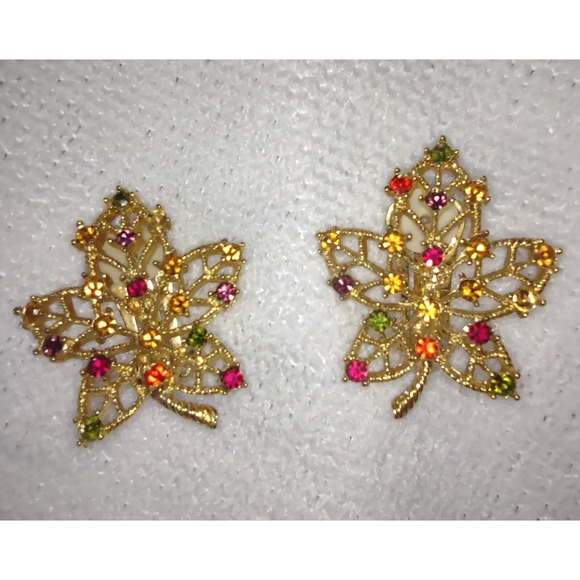 Graziano‎ Leaf Clip On Earrings Gold Tone Rhinestone Fall Autumn Jewelry - Picture 1 of 6